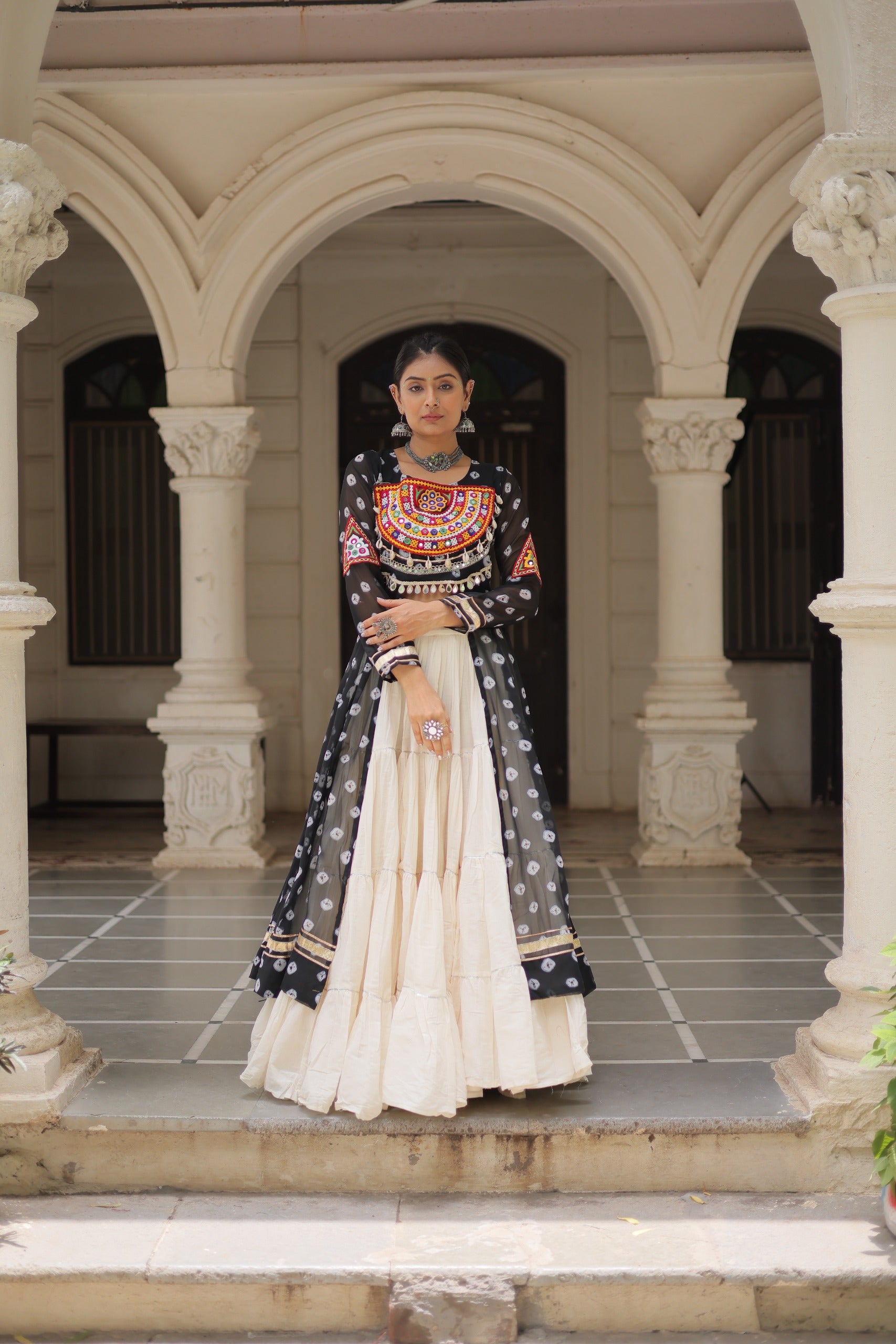 β¨  Navratri Collection - Bandhani Print Kurti with Kora Cotton Lehenga